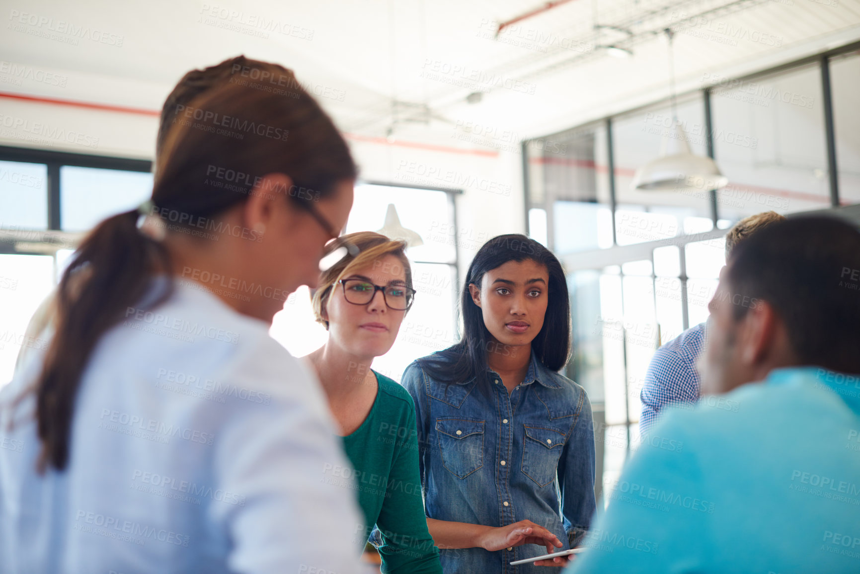 Buy stock photo Employees, team and creative brainstorming in office, meeting and ideas for news article. Business people, discussion and plan for column at publishing agency, conversation and support for journalism