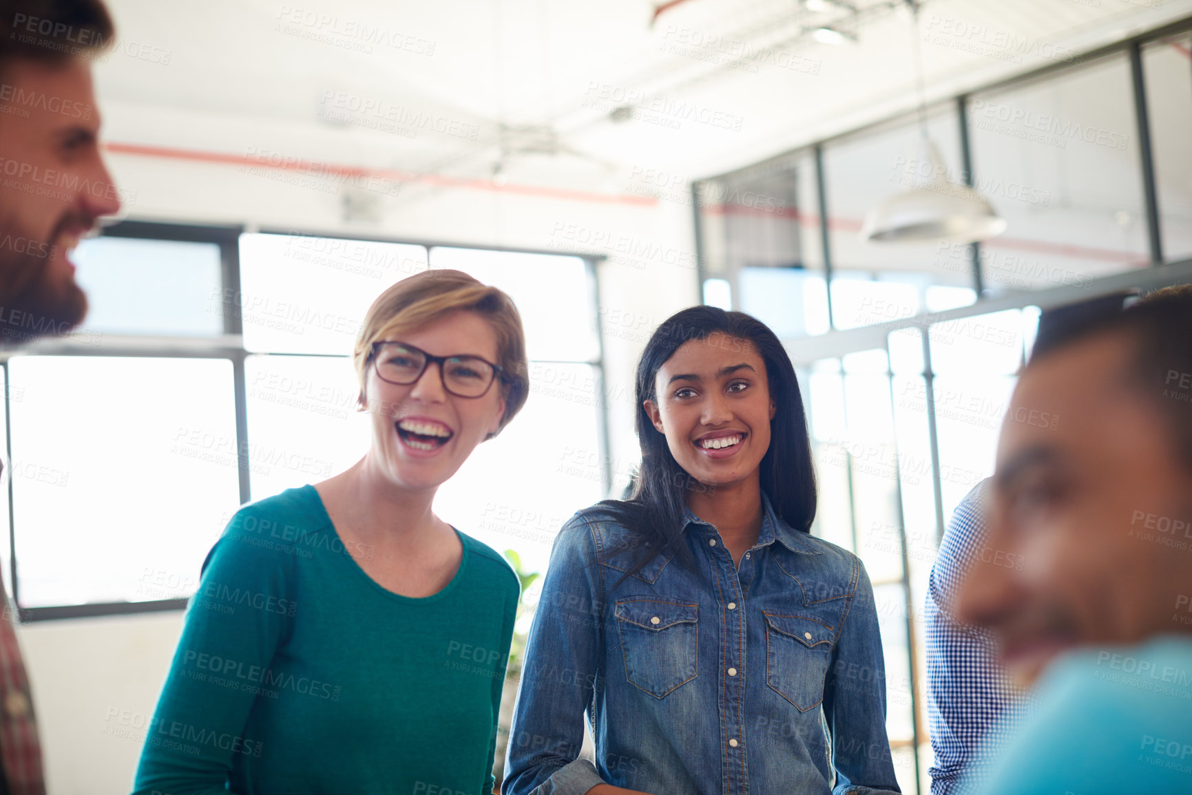 Buy stock photo Business people, team and creative brainstorming in office, meeting and ideas for news article. Staff, discussion and plan for column at publishing agency, conversation and support for journalism