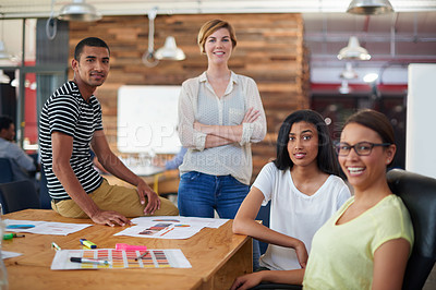 Buy stock photo Portrait of a group of young designers having a brainstorming meeting