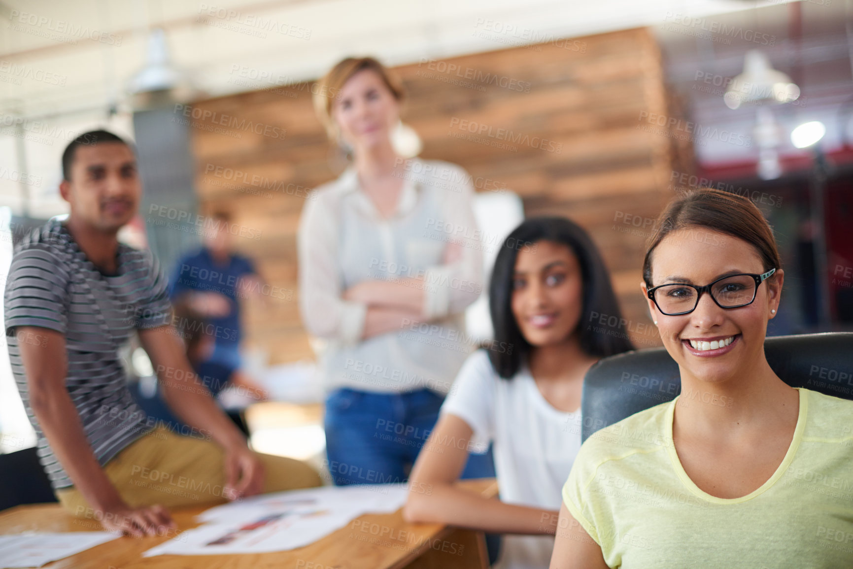 Buy stock photo Confident, designers or portrait of happy woman in meeting, development or discussion in office. Leadership, startup or creative people in collaboration for planning growth, teamwork or business 