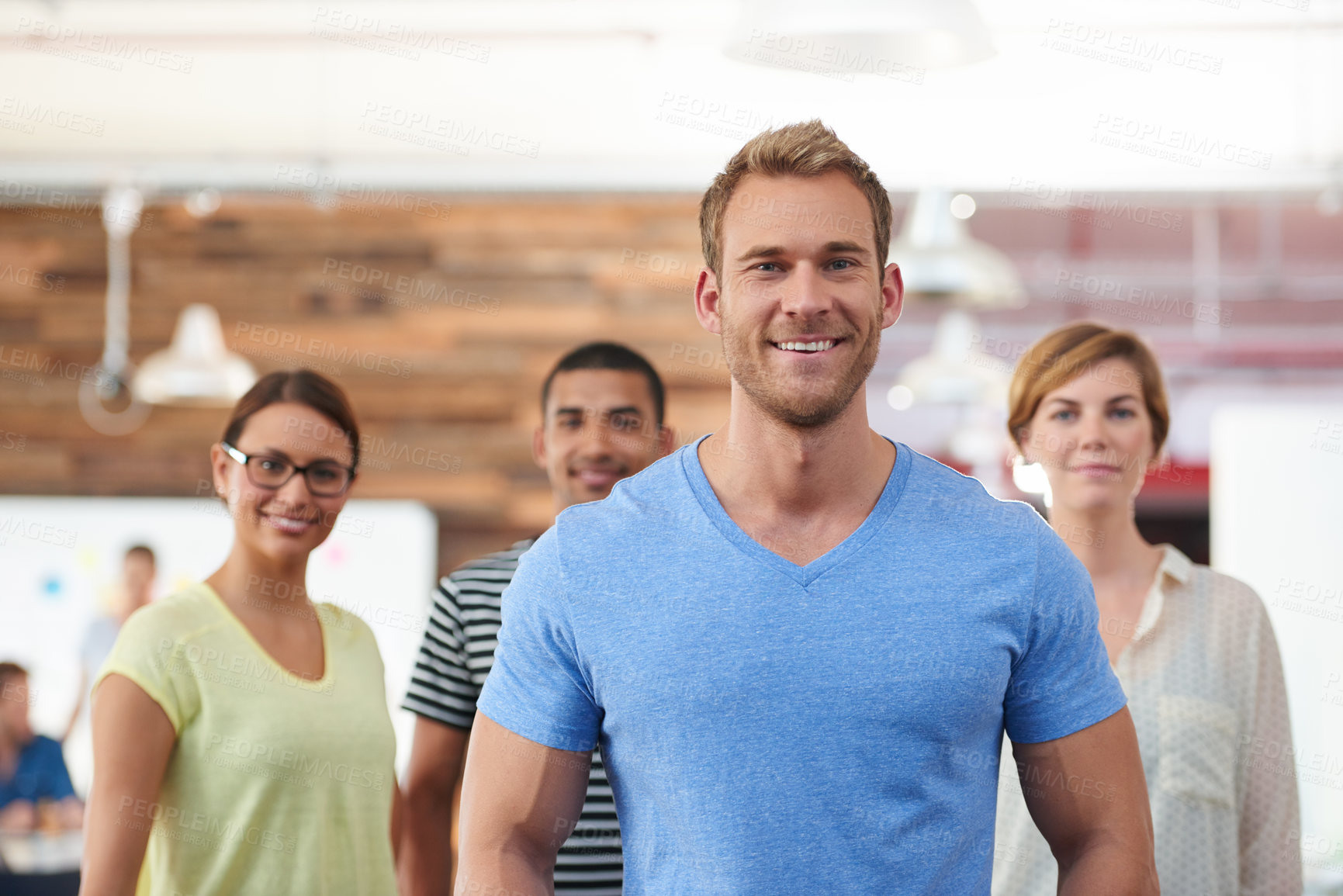 Buy stock photo Portrait, man and happy as leader  at office with pride for career growth and job opportunity as copywriter. About us, employees and smile in confidence for creativity, teamwork and collaboration
