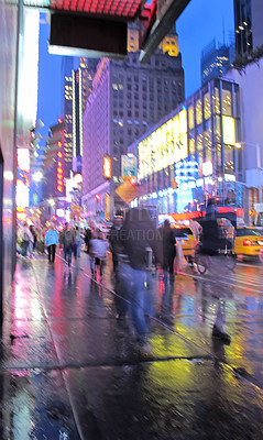 Buy stock photo People, walking and street with motion blur at night of busy road with lights in New York City. Group, community or pedestrians on sidewalk in late evening, town square or urban area with traffic