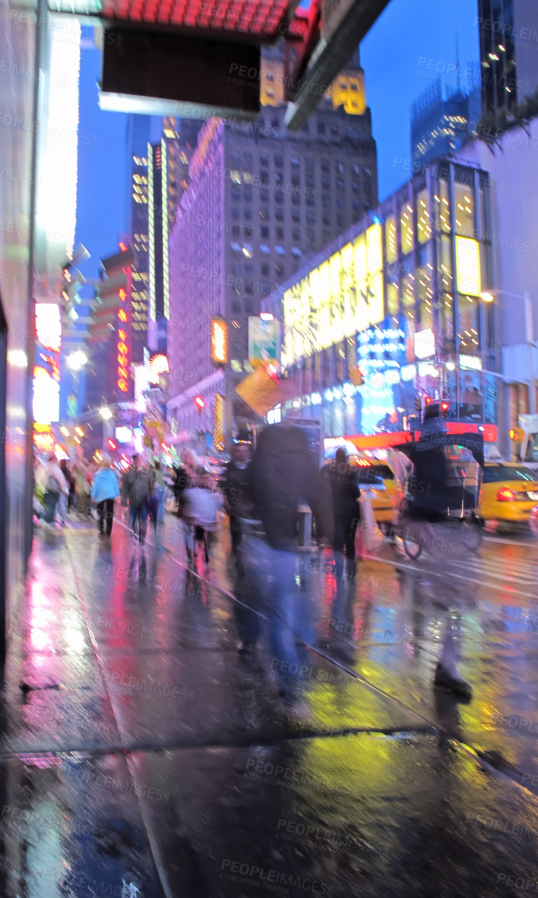 Buy stock photo People, walking and street with motion blur at night of busy road with lights in New York City. Group, community or pedestrians on sidewalk in late evening, town square or urban area with traffic