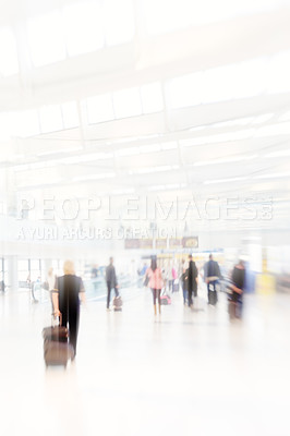 Buy stock photo People, travel and airport in motion lens with luggage as transport to commute with speed or hurry for vacation. Global, crowd and walking in rush from lobby with suitcase for holiday as passenger