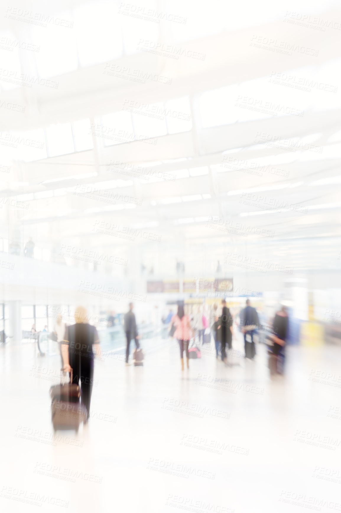 Buy stock photo People, travel and airport in motion lens with luggage as transport to commute with speed or hurry for vacation. Global, crowd and walking in rush from lobby with suitcase for holiday as passenger