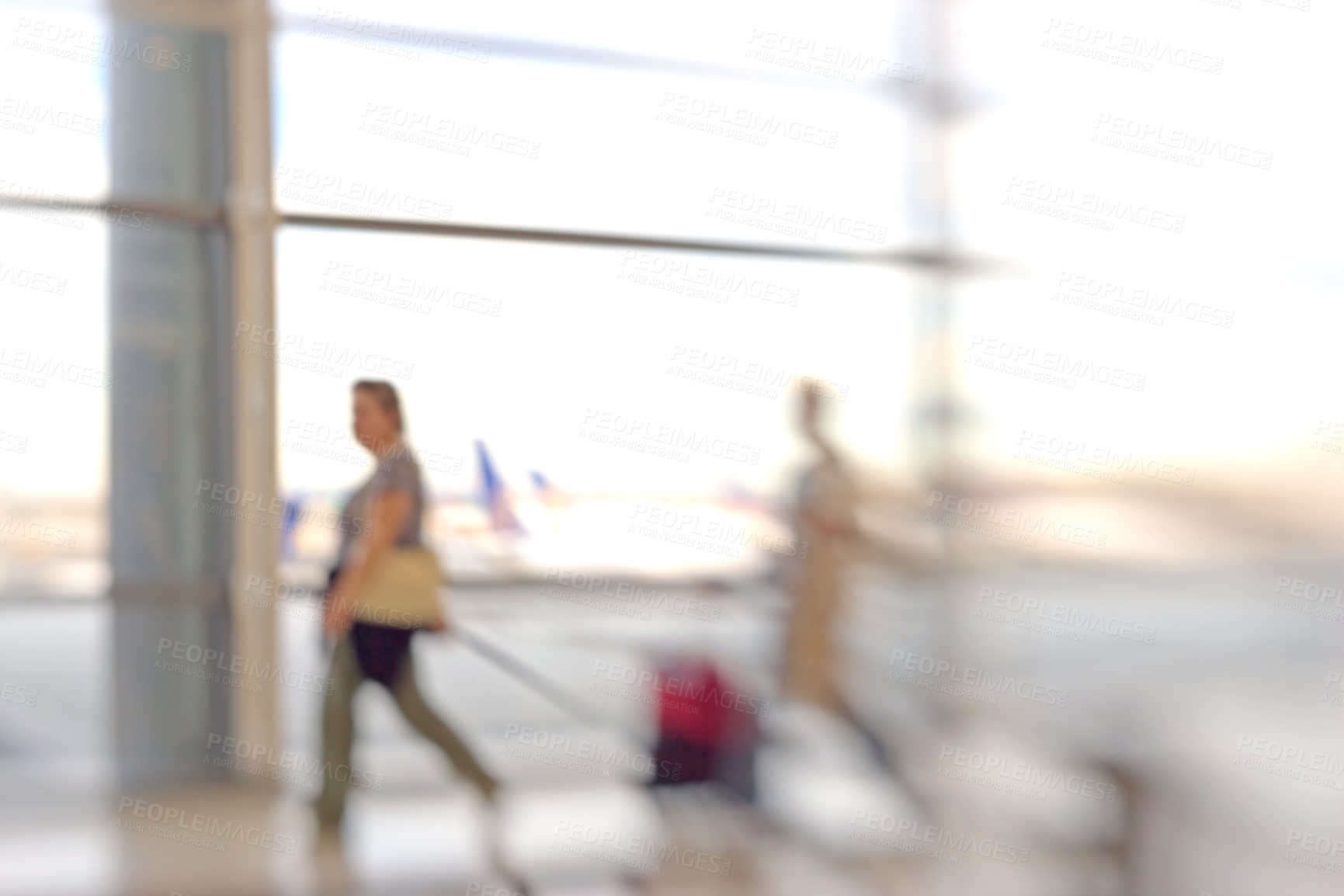 Buy stock photo Motion blur, busy and people in airport for travel, check in or departure to Australia. Walking, movement and mature person with suitcase for holiday, business trip or morning flight on terminal