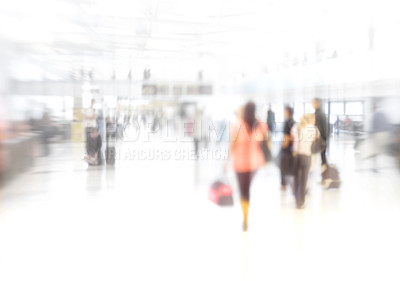 Buy stock photo Blurred picture, people or tourists in rush with suitcase for urgency, walking or late vacation. Commuter, airport or terminal hurry for flight, train and bus in station for work trip or holiday