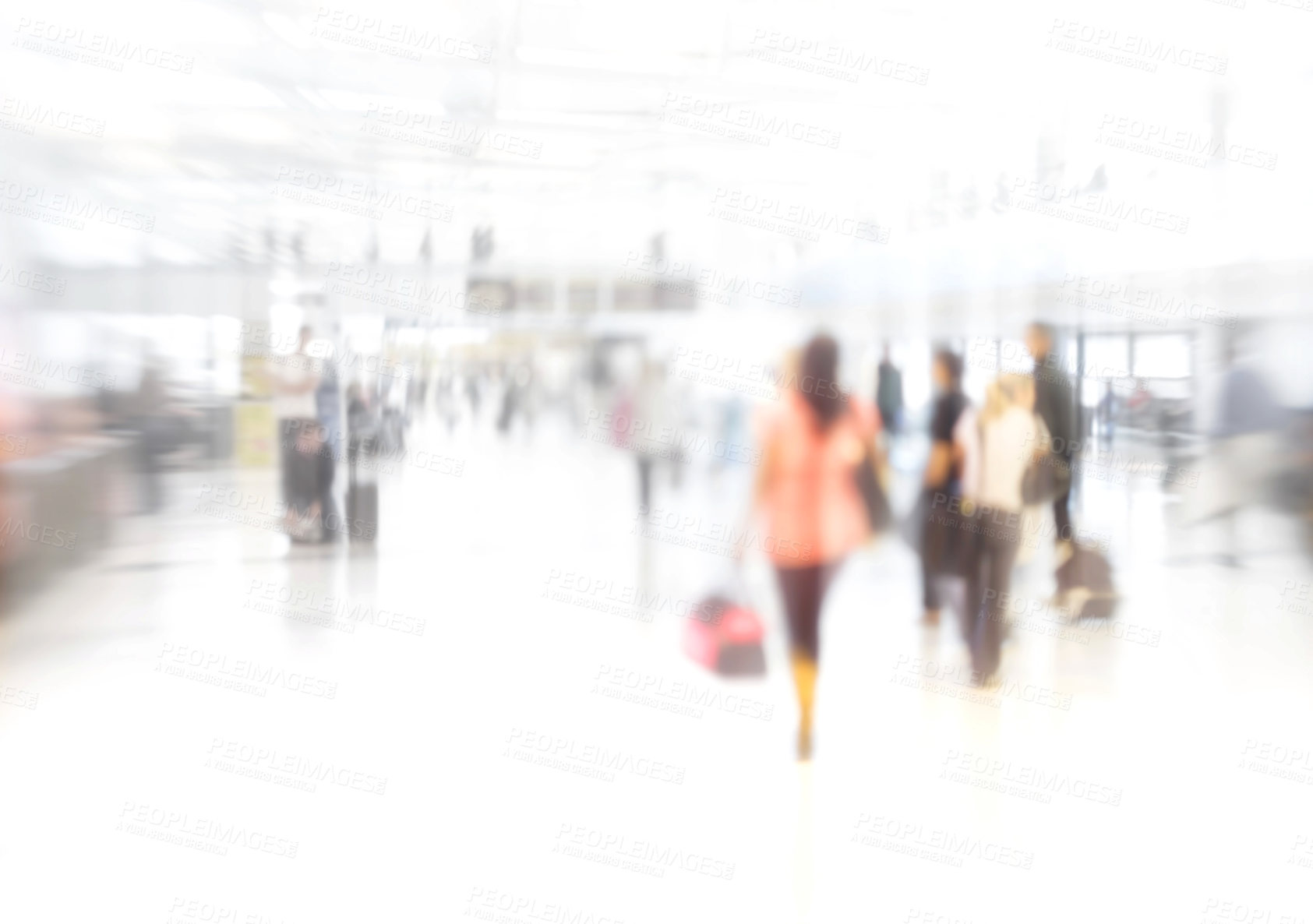 Buy stock photo Blurred picture, people or tourists in rush with suitcase for urgency, walking or late vacation. Commuter, airport or terminal hurry for flight, train and bus in station for work trip or holiday