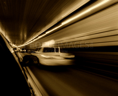 Buy stock photo Motion blur, transport and taxi car with passenger on road for travel, trip and journey to destination. Vehicle, tunnel and speed on street for driver moving, highway lights and automobile cruise 