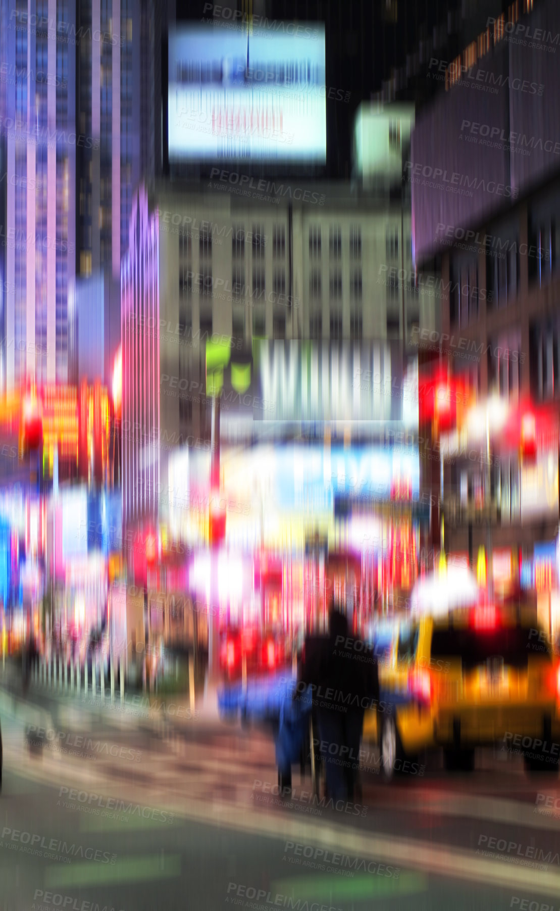 Buy stock photo People, traffic lights and street with motion blur at night of busy road or cityscape in New York City. Group, community or pedestrians walking in late evening, town square and urban area or district