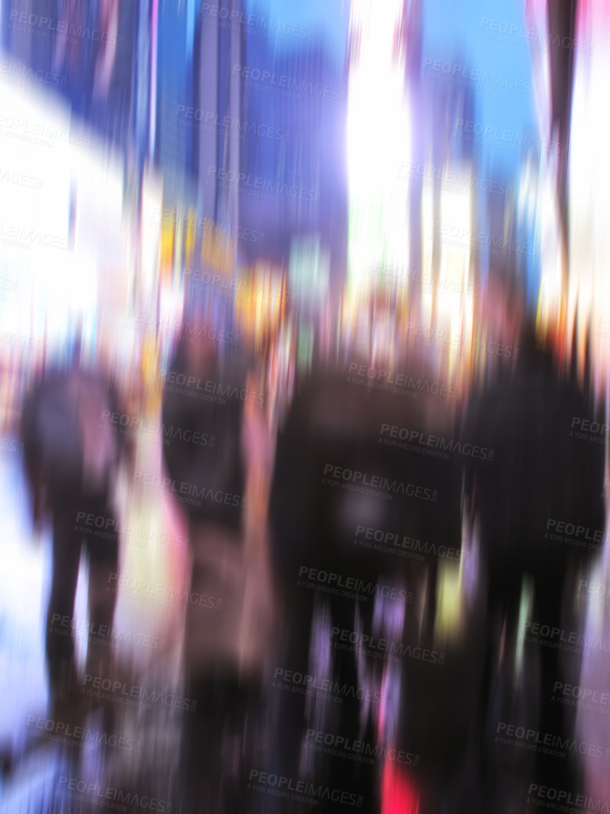 Buy stock photo Group, walking and street with motion blur at night of busy road with lights in New York City. People, community or pedestrians on sidewalk in late evening, town square or urban area with traffic