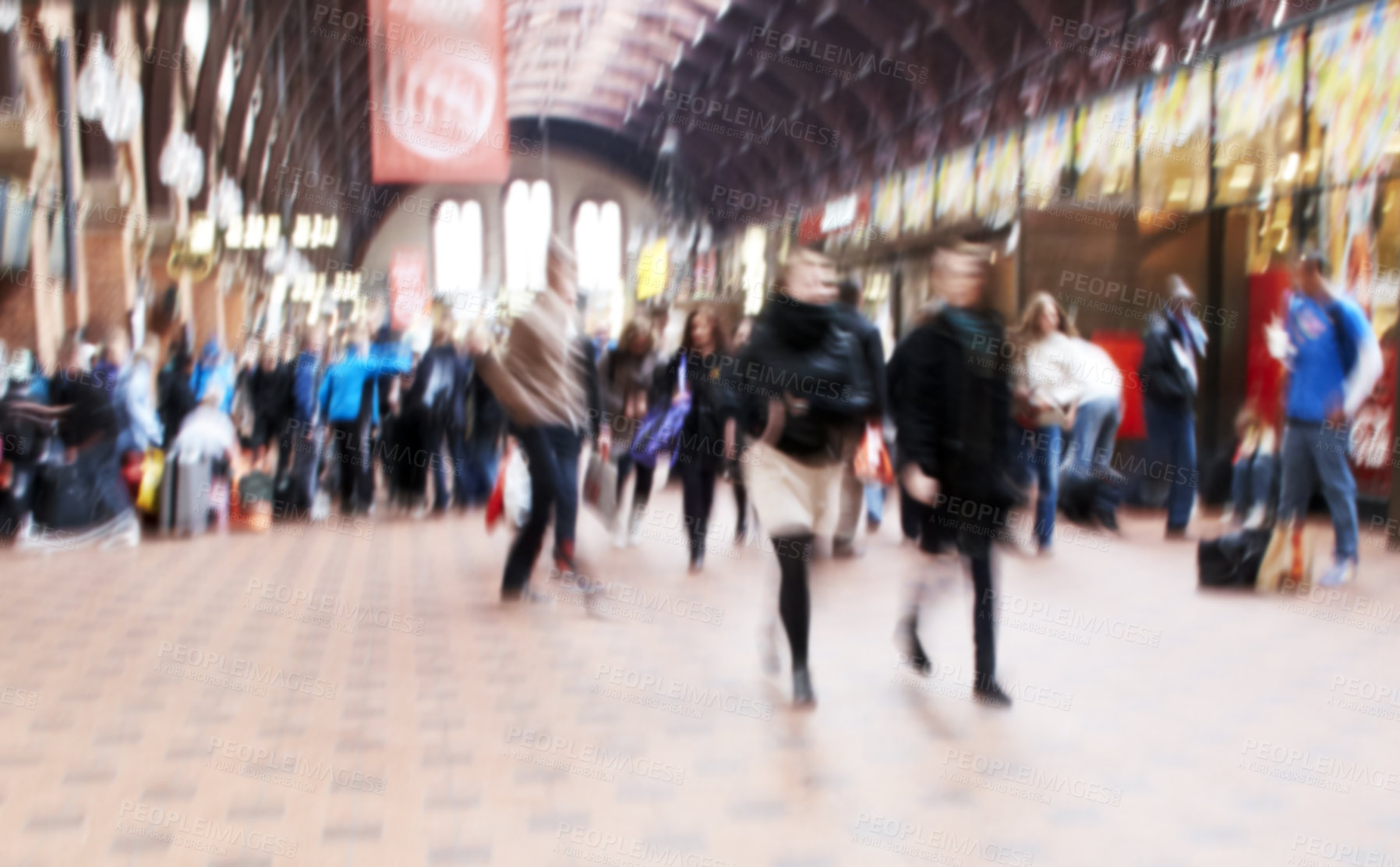 Buy stock photo People, walking and town square with motion blur of busy mall or building for commute or travel in city. Group, community or pedestrians moving with crowd, population or public sector in urban area