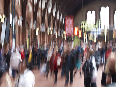 Buy stock photo People, walking and museum with motion blur of busy mall, building or commute in city. Group, community or crowd of population moving in town square, urban or public area for travel or landmark