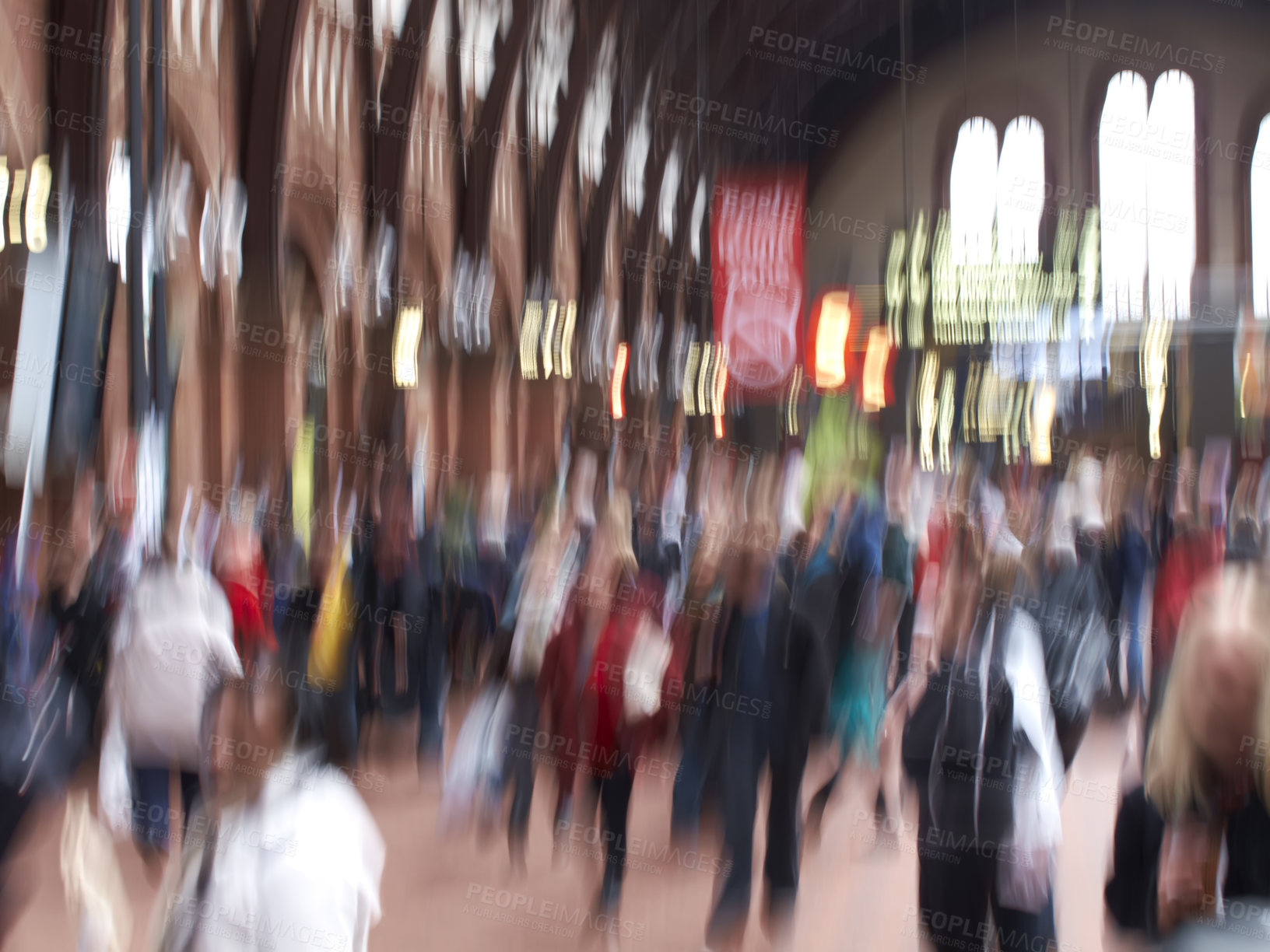 Buy stock photo People, walking and museum with motion blur of busy mall, building or commute in city. Group, community or crowd of population moving in town square, urban or public area for travel or landmark