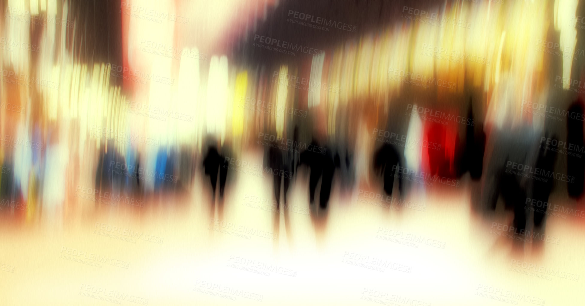 Buy stock photo City, blurred and person walking for nightlife with motion, population and social demographics. Society, lights and commute on busy street with urban movement, travel culture or community in capital