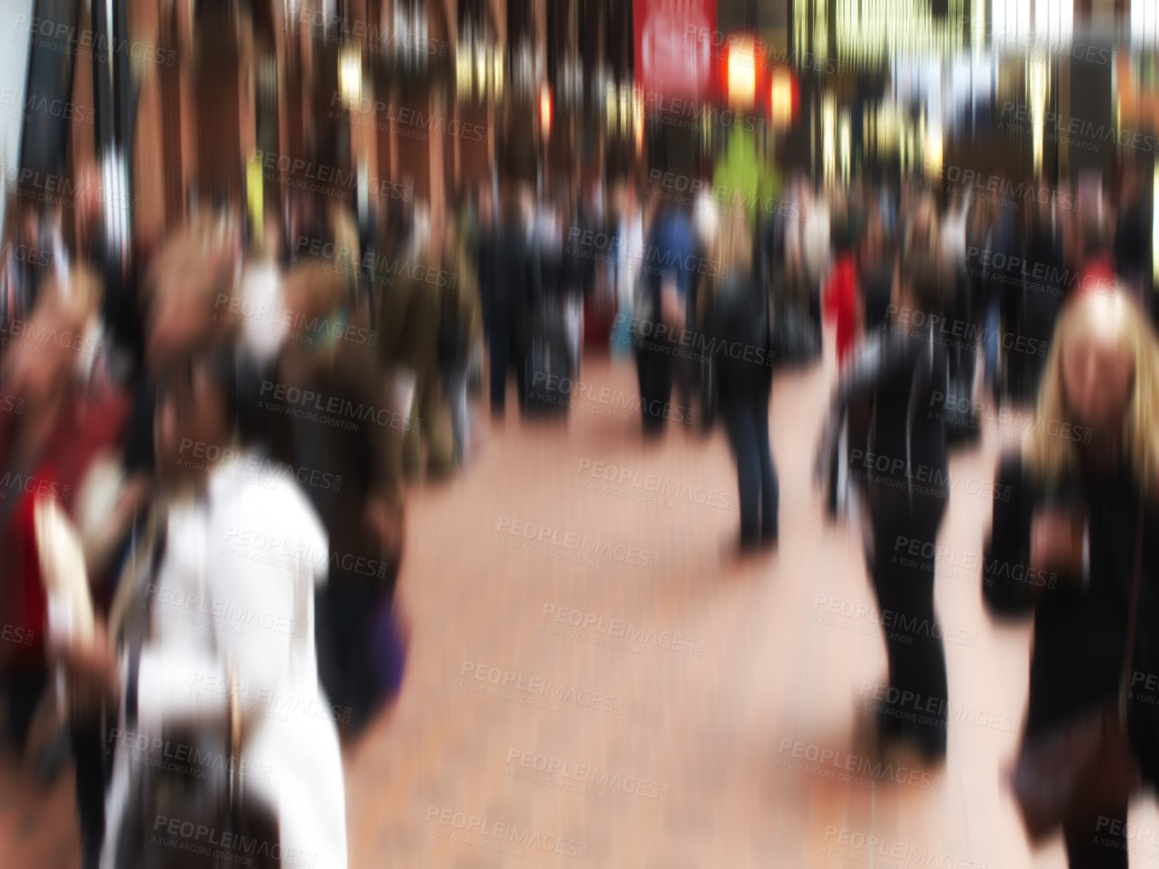 Buy stock photo People, walking and train station with motion blur of busy sector for commute or travel in city. Group, community or crowd of population moving in town square, destination or public stop for tourists