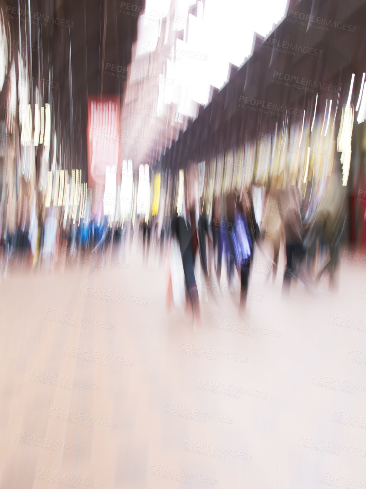 Buy stock photo People, walking and travel with motion blur of busy mall or building for commute in city or town square. Group, community or pedestrians moving with crowd, population or public sector in urban area