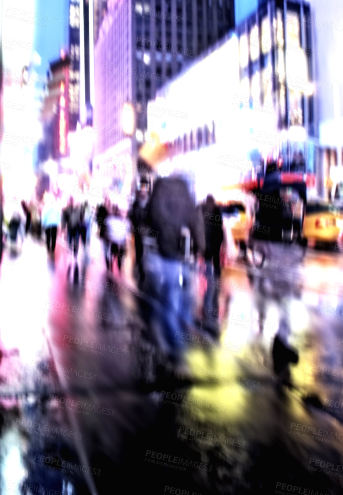 Buy stock photo People, walking and road with motion blur at night of busy street with lights in New York City. Group, community or pedestrians on sidewalk in late evening, town square or urban area with traffic