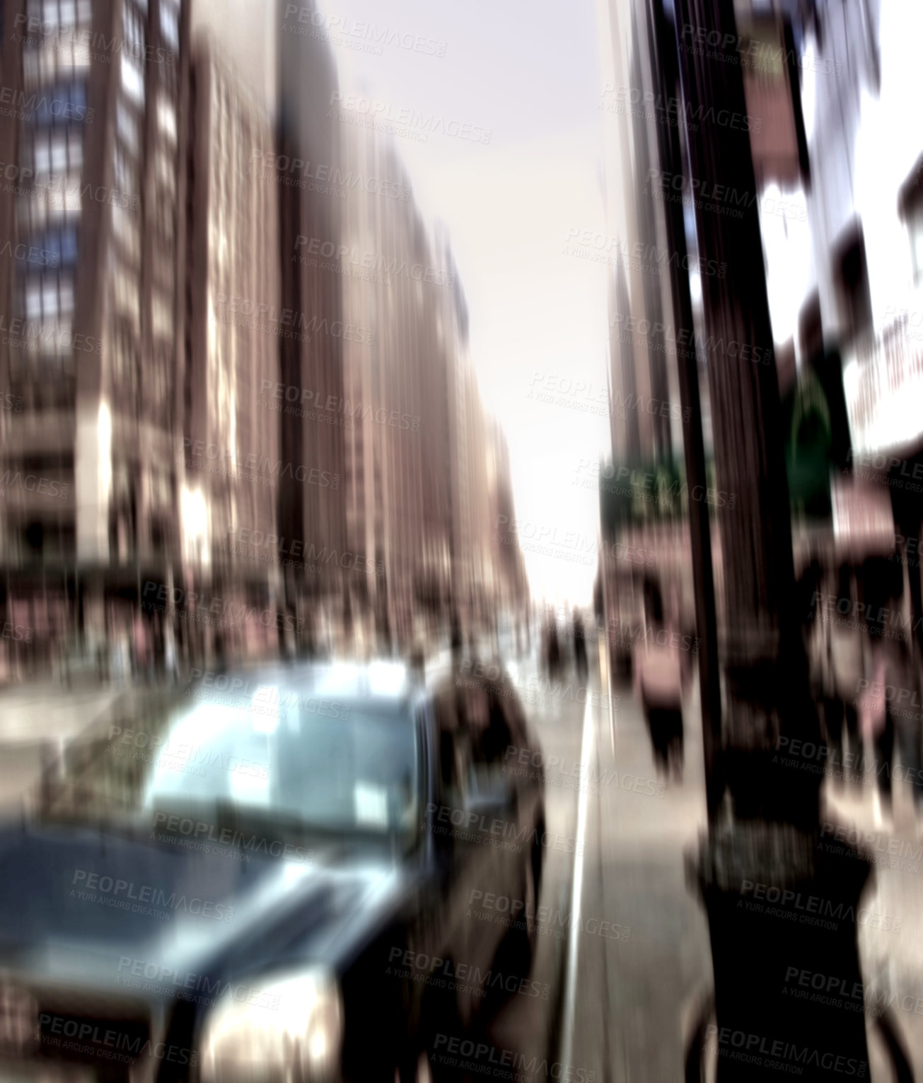 Buy stock photo Motion blur, abstract background and car on urban street for travel and commute to work in Manhattan. Vehicle, group of people and blurred lens with skyscraper and building with dizzy effect