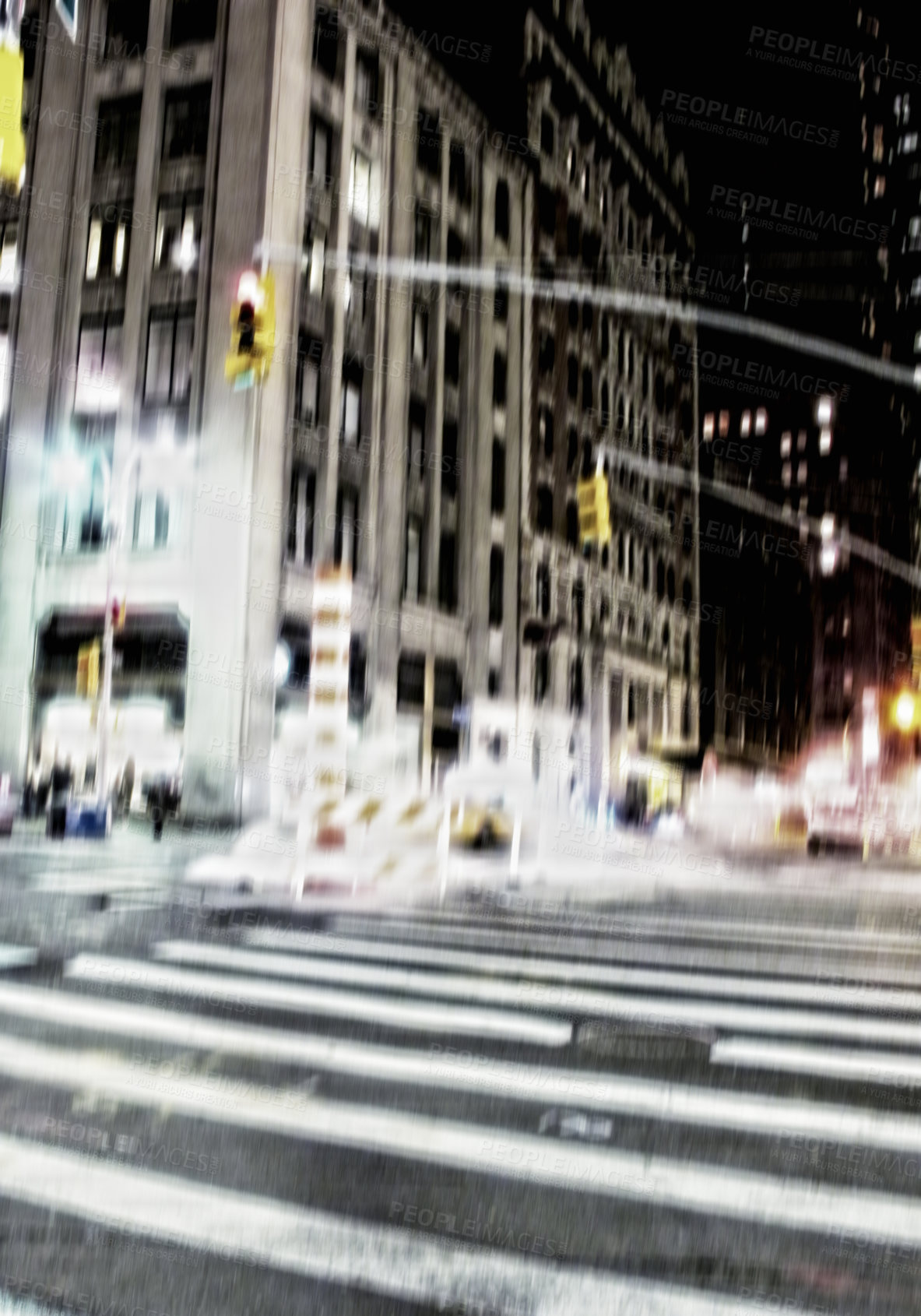 Buy stock photo Blur, street and building in city at night with traffic lights for art, creative or illusion. Robots, road and pedestrian crossing with apartment, office or skyscraper development in town at dark.