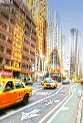 Buy stock photo Street, city and blur of taxi, traffic and urban buildings outdoor in New York cityscape. Motion, town and road with car transport, architecture or infrastructure on landscape background in USA