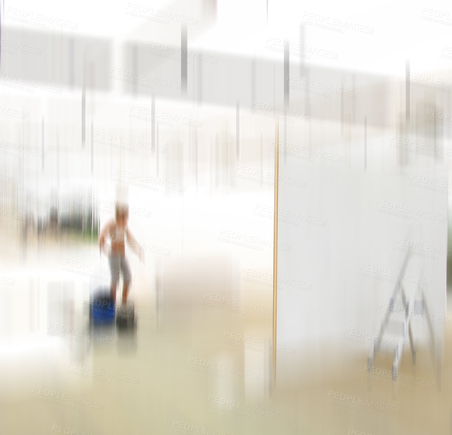 Buy stock photo Motion, blur and person or dizzy woman, wellness studio and gym with active girl for confusion. Vertigo, ladder and defocused or illusion, urban or vision impairment and instructor in renovation