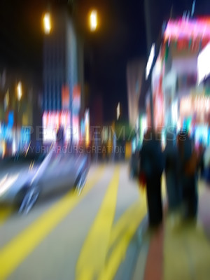 Buy stock photo Blur, city and people on street at night outdoor in Seoul cityscape for population migration with traffic. Busy crowd, motion and road with lights, walk and travel in urban society with buildings