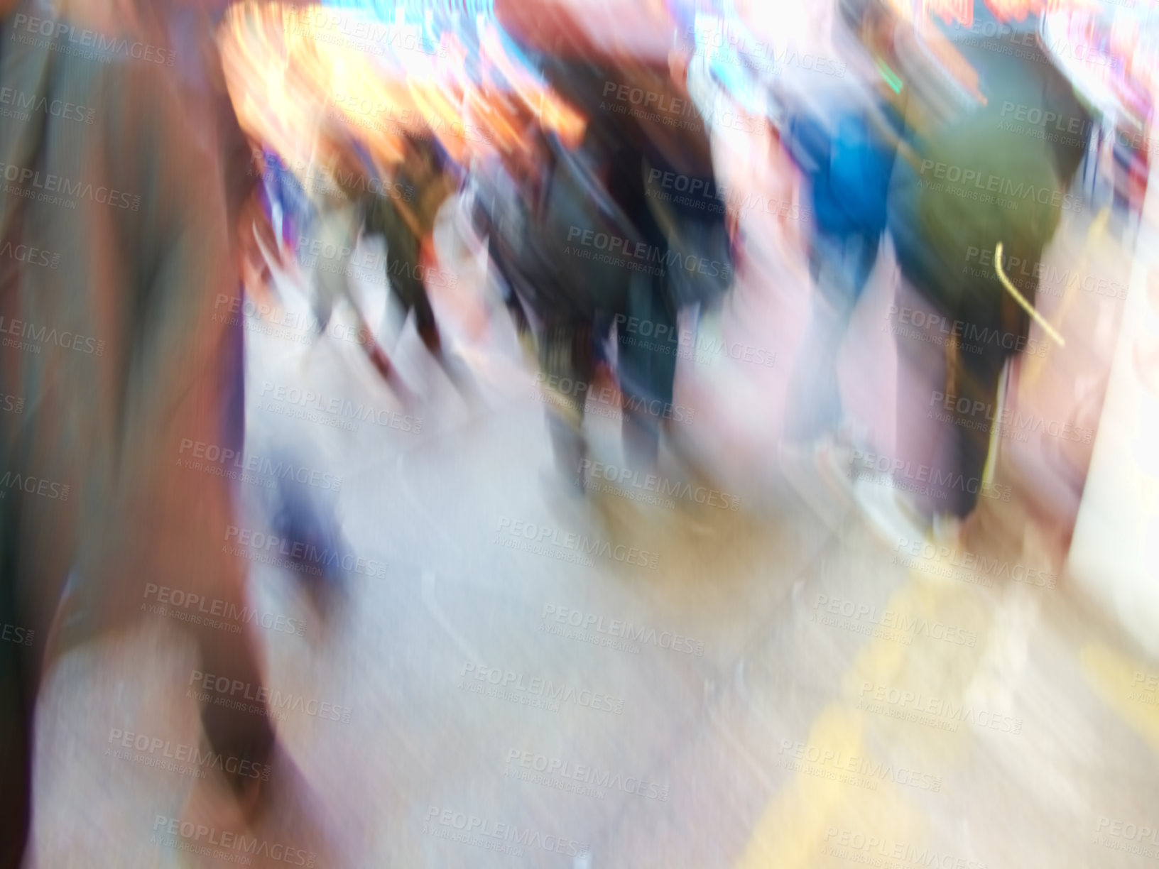 Buy stock photo People, walking and crowd with motion blur at night of busy street or road in New York City. Group, community or pedestrians moving in late evening, town square or urban area with lights in nightlife