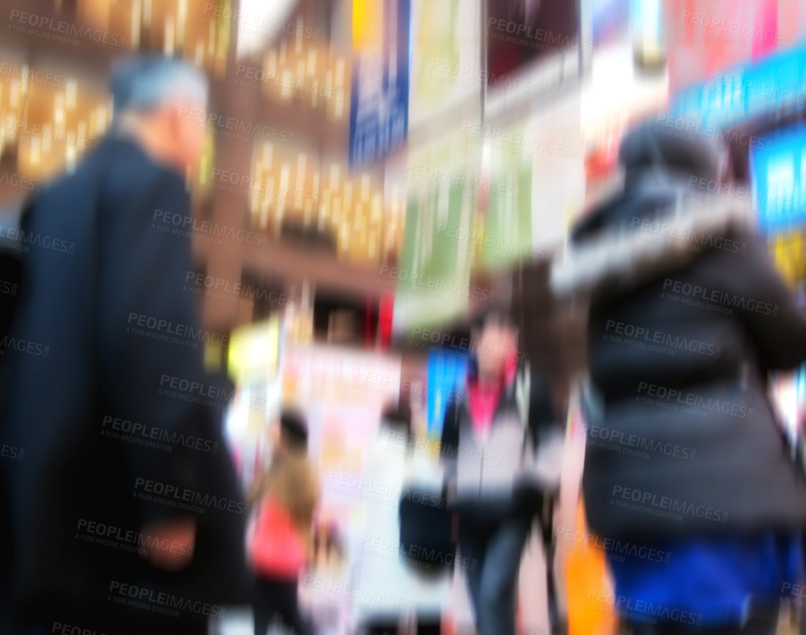 Buy stock photo Motion blur, abstract and people on street for night, lights and walking by building. Crowd, urban road and colors for billboard with electricity, outdoor and movement with speed in New York City