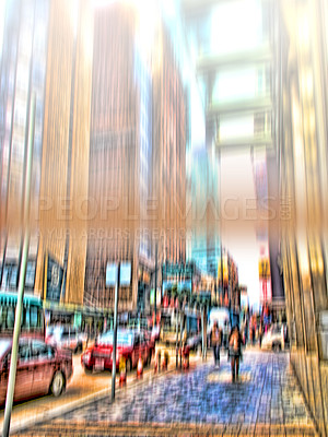 Buy stock photo City, blurred and people walking on street for morning commute with buildings, population and social migration. Society, traffic and crowd on sidewalk with motion, urban travel and culture in London.