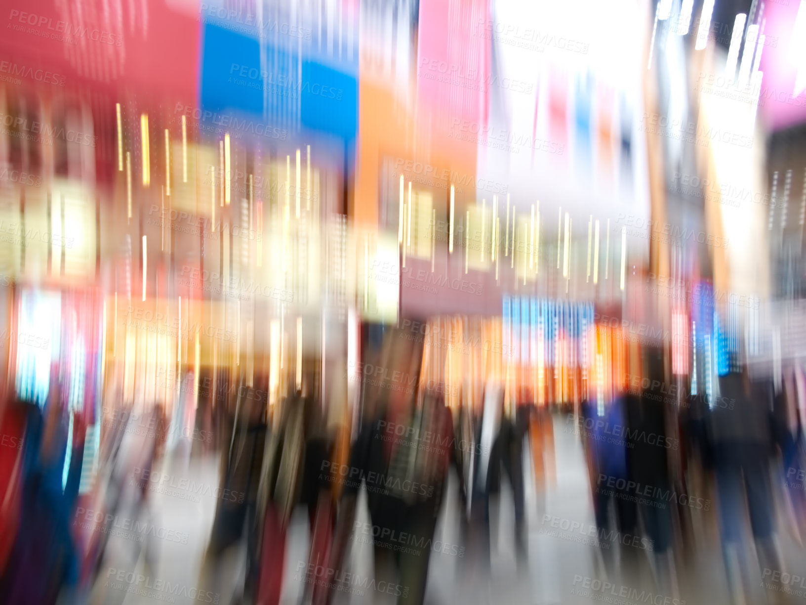 Buy stock photo People, walking and lights with motion blur at night of busy street or road in New York City. Group, community or pedestrians moving in late evening, town square or urban area with crowd in nightlife