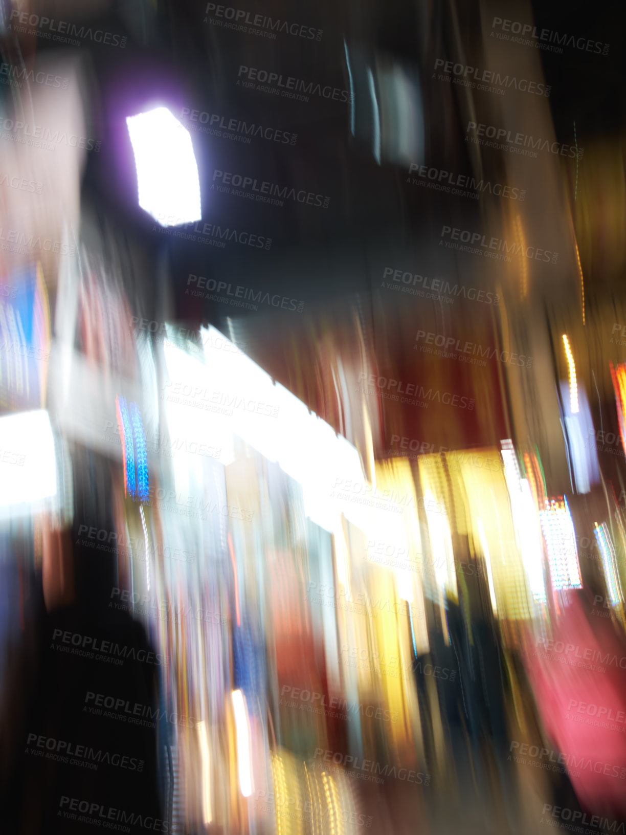 Buy stock photo Motion blur, city and people with lights for movement, walking and fast for rush hour. Night, dark and retail shop and moving, urban and intoxicated view with bright and defocused on group with speed