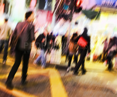 Buy stock photo City, blurred and people on street at night for commute with crosswalk, population and social migration. Society, traffic and crowd walking in road with motion, urban travel and culture in New York