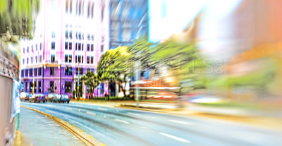 Buy stock photo Street, city and blur of cars, traffic and urban buildings outdoor in New York cityscape. Motion, town and road with fast transport, architecture or infrastructure on landscape background in USA