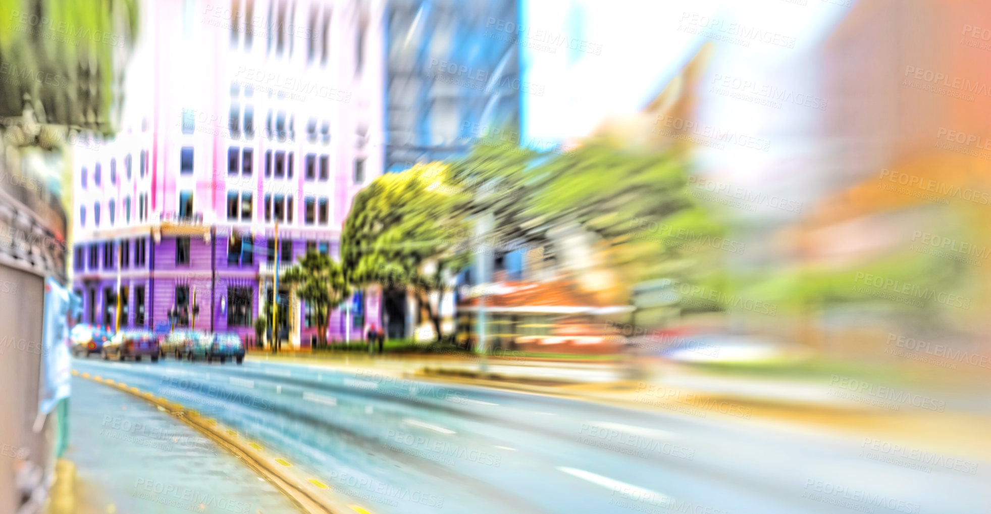 Buy stock photo Street, city and blur of cars, traffic and urban buildings outdoor in New York cityscape. Motion, town and road with fast transport, architecture or infrastructure on landscape background in USA