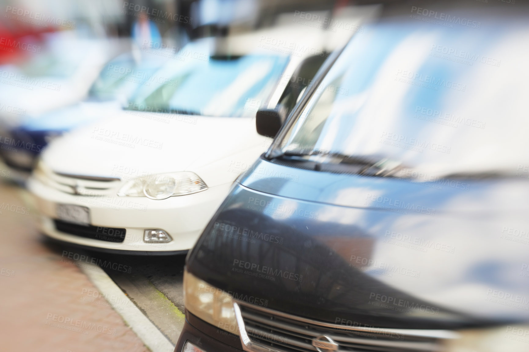 Buy stock photo Car park, order with blurred background and transportation in city, stationary vehicle or automobile outdoor. Drive, traffic and auto, concrete or asphalt with urban parking lot in public for order