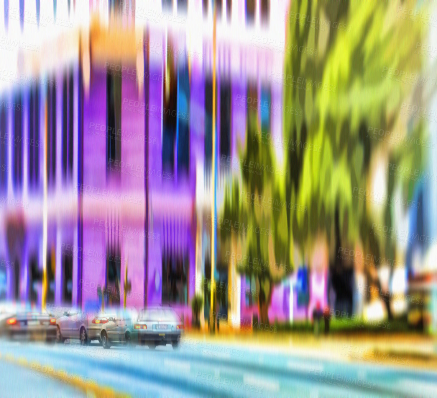 Buy stock photo Road, city and blur of cars, traffic and urban buildings outdoor in Los Angeles cityscape. Motion, town and street with fast transport, architecture or infrastructure on landscape background in USA