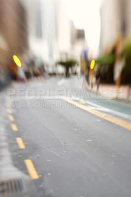 Buy stock photo City, blurred and downtown street for morning commute with buildings, asphalt and social migration. Traffic, light and empty road with motion for urban travel, infrastructure and transport in London.