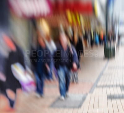 Buy stock photo Blur, city and crowd on road outdoor in London cityscape for population migration with traffic. Busy people, motion or walking on street for travel, journey or commute in urban society with buildings