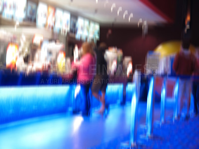 Buy stock photo Motion, blur and people at cinema at night with movement or rush in city for entertainment in Manhattan. Crowd, hurry and nightlife in New York with street light of creative theatre for film