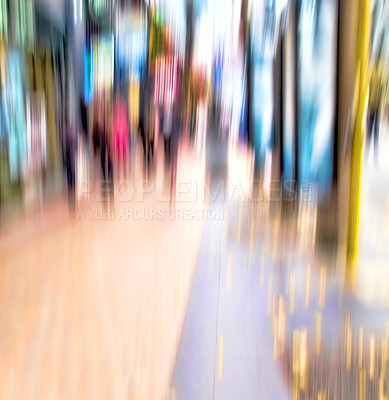 Buy stock photo Blur, city and crowd on street at night outdoor in Seoul cityscape for population migration with traffic. Busy people, motion and road with lights, walk and travel in urban society with buildings