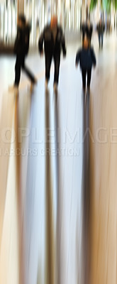 Buy stock photo Blur, people and mall or abstract for shopping in plaza, International retail in New York City. Movement, group or shoppers for big sale or discount on service in store, walking  or moving with relax