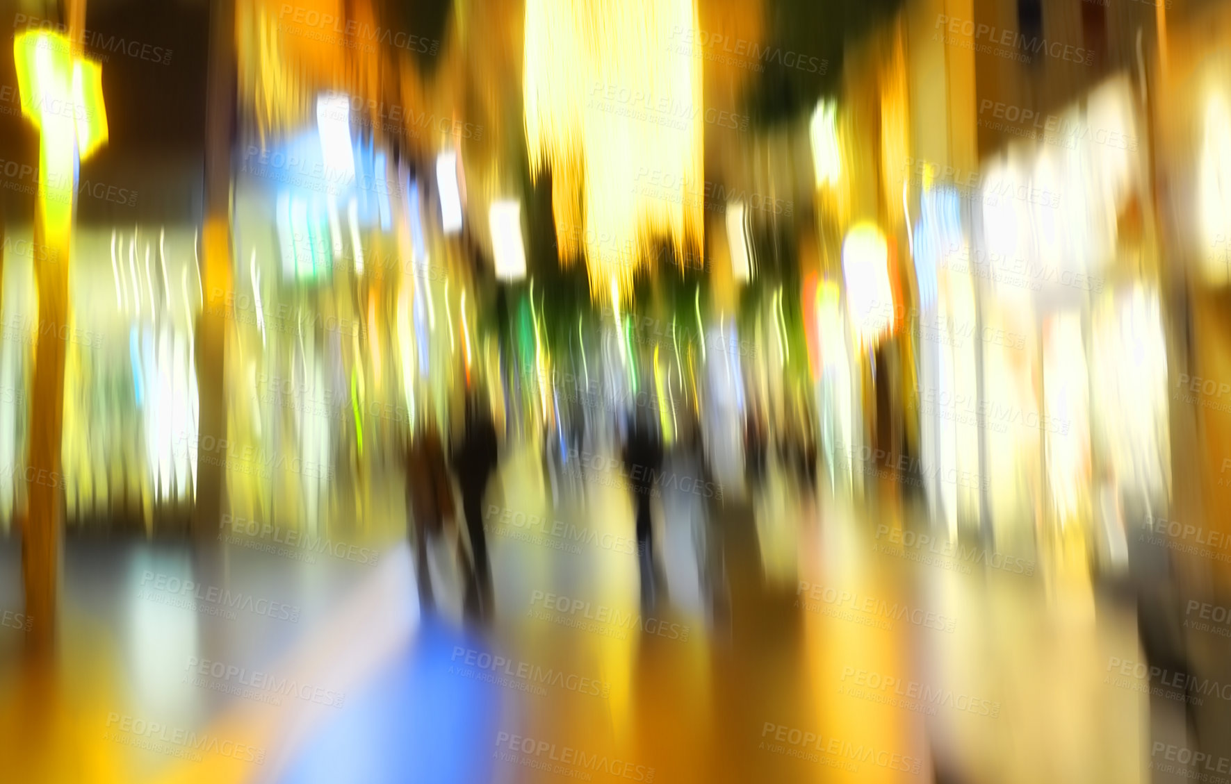 Buy stock photo Night, blur and people in city walking for commute, travelling and journey in urban town. Population, community motion and crowd of men and women on crosswalk, road and sidewalk for destination