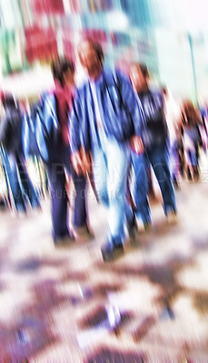 Buy stock photo City, blurred and person walking for commute with motion, population crowd and social demographics. Society, men and women on busy street with urban movement, travel culture or community on sidewalk