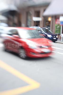 Buy stock photo Motion blur, transport or passenger car on road for travel, trip and journey to destination. Vehicle, city street and speed on highway for driving, movement or automobile cruise in Manhattan