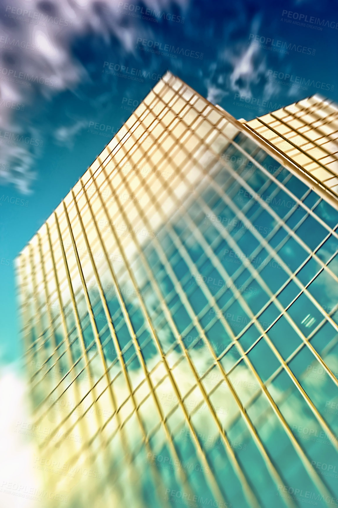 Buy stock photo Skyscraper, building and blurry window in city with reflection of blue sky and clouds on glass. Urban, office or architecture of tower or hotel with trippy psychedelic motion of dizzy vertigo in town