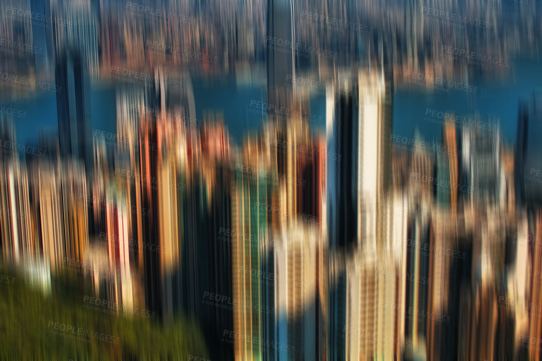 Buy stock photo Blur, water and buildings in city for outdoor with travel for art, creative or illusion. Architecture, ocean and construction apartment, office or skyscraper development in urban town in New York.