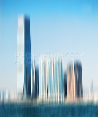 Buy stock photo City, buildings and motion blur with skyscraper for background, architecture and urban structure. Blue sky, empty and town with daylight for travel destination, construction and development in Dubai