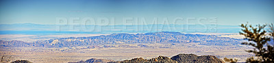 Buy stock photo California, desert and landscape with panorama, enviroment and blue sky for travel or tourism. Nature, mountain and land for cactus, scenery and usa sunshine with summer banner and outdoor harmony