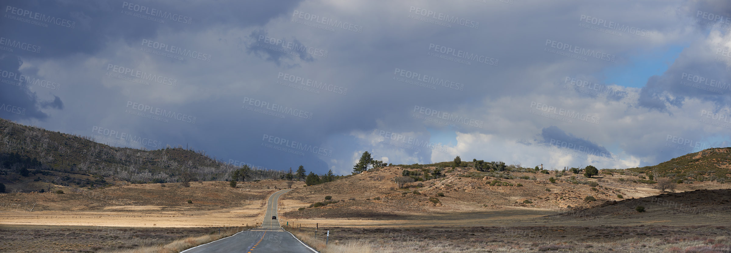 Buy stock photo Landscape, countryside and road in desert with nature for banner, drive and travel on holiday in Arizona. Outdoor, adventure and tourism with sustainability, camping and vacation to relax or chill